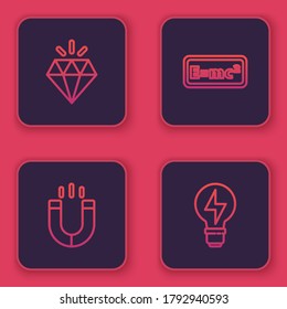Set line Diamond, Magnet, Equation solution and Light bulb with lightning. Blue square button. Vector