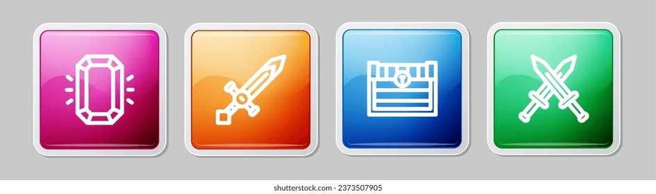 Set line Diamond, Medieval sword, Antique treasure chest and Crossed medieval. Colorful square button. Vector