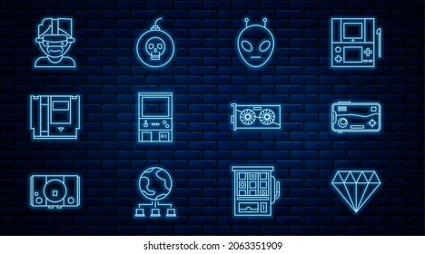 Set line Diamond, Mobile and playing in game, Alien, Retro arcade machine, Cartridge, Virtual reality glasses, Video graphic card and Bomb ready to explode icon. Vector