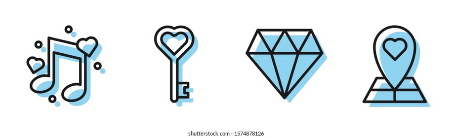 Set line Diamond, Music note, tone with hearts, Key in heart shape and Map pointer with heart icon. Vector