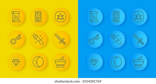 Set line Diamond, Old key, Bottle with potion, Mortar and pestle, Medieval sword, Decree, parchment, scroll, Air element and Tarot cards icon. Vector
