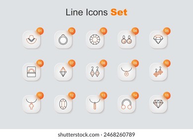 Set line Diamond, Piercing, Pendant necklace, Gem stone, Christian cross chain, Earrings, Locket and  icon. Vector