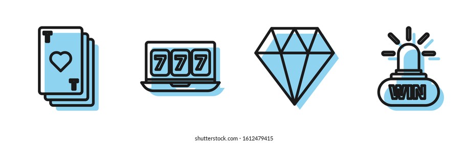 Set line Diamond, Playing card with heart, Online slot machine with lucky sevens jackpot and Casino win icon. Vector