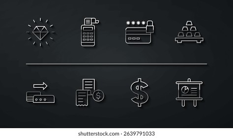 Set line Diamond, Pos terminal, Gold bars, Dollar symbol, Paper or financial check, Cash register machine, Chalkboard with diagram and Credit card lock icon. Vector