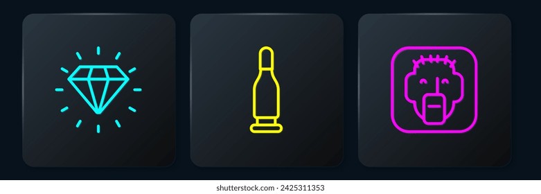 Set line Diamond, Rapper and Bullet. Black square button. Vector