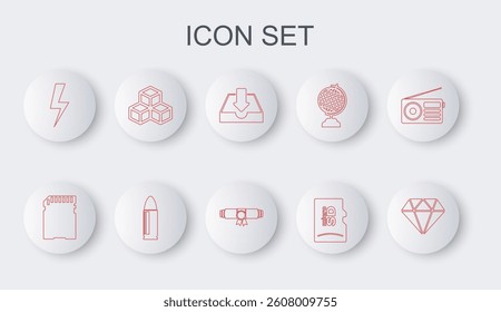 Set line Diamond, SD card, Download inbox, Micro memory, Lightning bolt, Isometric cube, Bullet and Diploma rolled scroll icon. Vector