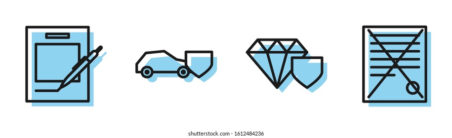 Set line Diamond with shield, Blank notebook and pen, Car with shield and Delete file document icon. Vector