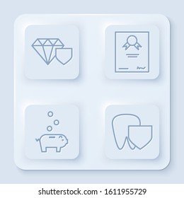 Set line Diamond with shield, Certificate template, Piggy bank with coin and Tooth with shield. White square button. Vector