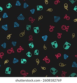 Set line Diamond, Shield for game, Computer mouse and network on seamless pattern. Vector