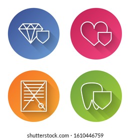 Set line Diamond with shield, Heart with shield, Delete file document and Tooth with shield. Color circle button. Vector