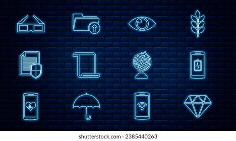 Set line Diamond, Smartphone battery charge, Eye, Paper scroll, Document protection, 3D cinema glasses, Earth globe and Download arrow with folder icon. Vector