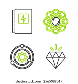 Set line Diamond, Solar system, Atom and Electrical panel icon. Vector