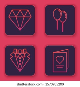 Set line Diamond, Suit, Balloons with ribbon and Valentines day party flyer with heart. Blue square button. Vector