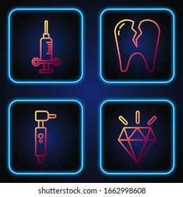 Fije la línea Diamante, Taladro dental, Jeringa médica dental y Diente roto. Iconos de color degradado. Vector