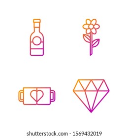 Set line Diamond, Two coffee cup and heart, Champagne bottle and Flower. Gradient color icons. Vector