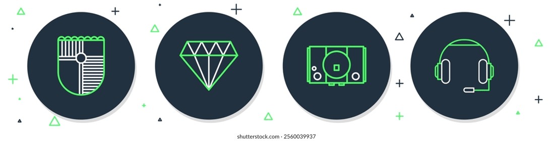 Set line Diamond, Video game console, Shield for and Headphones icon. Vector