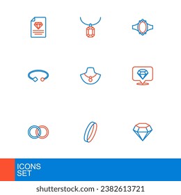 Línea Diamante, Anillo de boda, anillos, joyería de pulsera, Mannequín de collar, compromiso e ícono de collar de Pendant. Vector