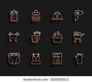 Set line Diaper for dog, Cat, Grooming salon price list, Paw print, Hair clipper pet, Pet stroller and Pets bath icon. Vector