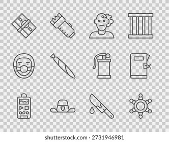 Set line Dictaphone, Hexagram sheriff, Murder, Sheriff hat with badge, Stacks paper money cash, Marijuana joint, Bloody knife and Police station folder icon. Vector