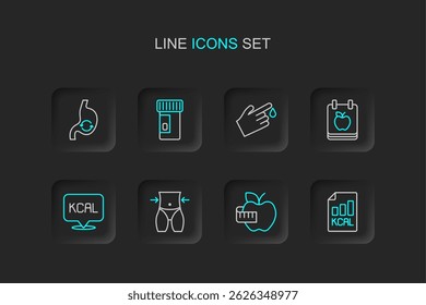 Set line Diet plan, Apple and measuring tape, Women waist, Kcal, Finger blood, Vitamins and Human stomach health icon. Vector