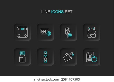 Set line Diet plan, Finger blood, Smart watch with heart, Vitamins, Obesity, Gluten free grain, No GMO and Bathroom scales icon. Vector