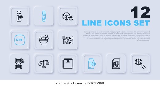 Set line Diet plan, GMO, Salad in bowl, Lactose intolerance, Kcal, Calorie calculator, Smart watch with heart and Bathroom scales icon. Vector