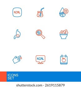 Set line Diet plan, Kcal, Finger blood, Salad bowl, Human stomach health, GMO, Palm oil free and Fresh smoothie icon. Vector