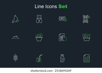 Set line Diet plan, Lactose intolerance, Fresh smoothie, Wheat, Shopping bag and food, Salad bowl and Salt icon. Vector