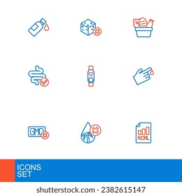 Set line Diet plan, Palm oil free, No GMO, Finger blood, Intestines, Smart watch with heart, Shopping bag and food and sugar icon. Vector