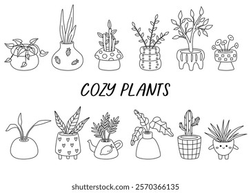 Set of line different tropical house plant. Cozy outline plants in various pot, vase. Scandinavian home decor. Flat vector cartoon illustration isolated on white