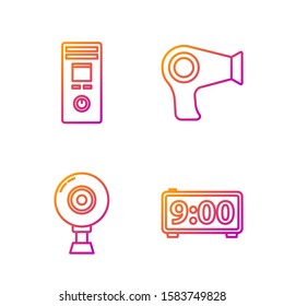 Set line Digital alarm clock , Web camera , Remote control and Hair dryer . Gradient color icons. Vector