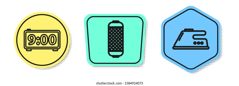 Set line Digital alarm clock , Stereo speaker  and Electric iron . Colored shapes. Vector