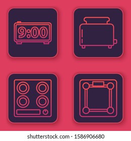 Set line Digital alarm clock , Gas stove , Toaster with toasts  and Bathroom scales . Blue square button. Vector