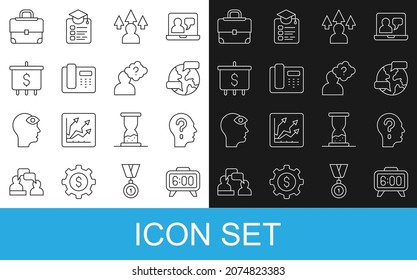 Set line Digital alarm clock, Head with question mark, Worldwide, Front end development, Telephone 24 hours support, Target dollar, Briefcase and  icon. Vector