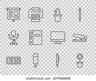 Set line Digital alarm clock, Flower in pot, Cactus and succulent, Marker pen, Chalkboard with diagram, Office folders, Pen and stapler icon. Vector