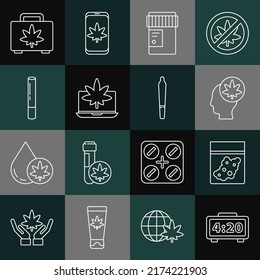Set line Digital alarm clock, Plastic bag of cannabis, Head with marijuana or, Medical bottle, Laptop and, Marijuana joint, Shopping box and  icon. Vector