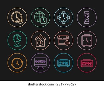 Set line Digital alarm clock, Alarm, Time Management, Retro wall watch, Location with, Clock 24 hours, Calendar date delete and World time icon. Vector