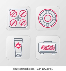 Set line Digital alarm clock, Medical cream with marijuana, Ashtray and pills icon. Vector
