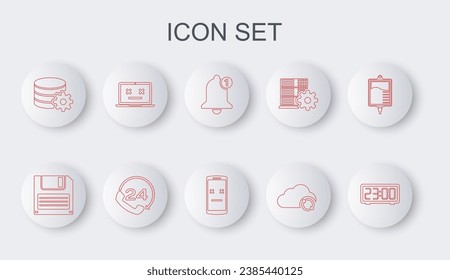 Fijar línea reloj de alarma digital, disco de disquete, Bell, actualización de sincronización en la nube, Configuración del servidor de base de datos, portátil muerto, soporte telefónico las 24 horas e icono móvil. Vector