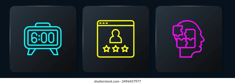 Set line Digital alarm clock, Head puzzles strategy and Customer product rating. Black square button. Vector