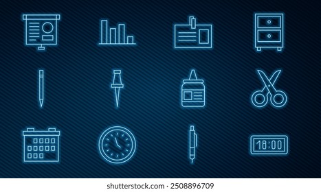 Definir linha Relógio de alarme digital, Tesoura, distintivo de identificação, Push pin, Lápis com borracha, diagrama Chalkboard, Cola e gráfico de pizza ícone infográfico. Vetor