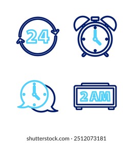 Set line Digital alarm clock, Clock speech bubble, Alarm and 24 hours icon. Vector