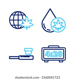 Set line Digital alarm clock, Smoking pipe, Marijuana or cannabis olive oil and Legalize marijuana globe icon. Vector
