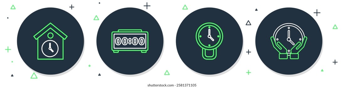 Set line Digital alarm clock, Clock, Retro wall watch and  icon. Vector