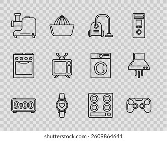 Set line Digital alarm clock, Gamepad, Vacuum cleaner, Smart watch showing heart beat rate, Kitchen meat grinder, Television, Gas stove and extractor fan icon. Vector