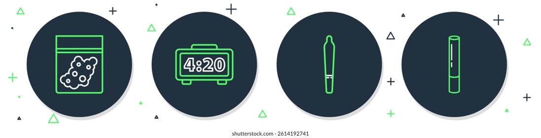 Set line Digital alarm clock, Marijuana joint, Plastic bag of cannabis and  icon. Vector