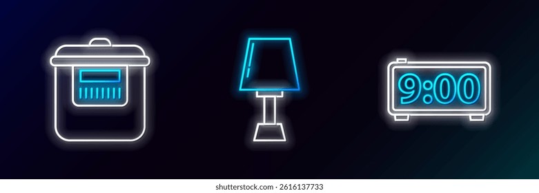 Set line Digital alarm clock, Slow cooker and Table lamp icon. Glowing neon. Vector