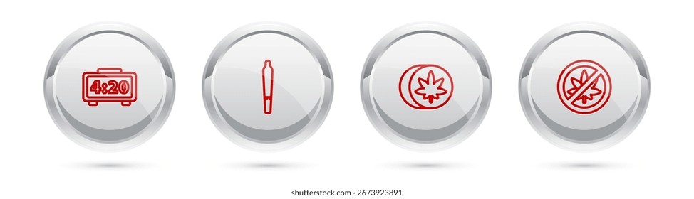 Set line Reloj despertador digital, articulación de marihuana, pastillas de éxtasis herbario y Stop marihuana o hoja de cannabis. Botón de círculo plateado. Vector
