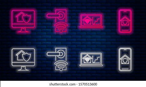 Set line Digital door lock with wireless technology for unlock, Laptop with smart home with wi-fi, Computer monitor with house under protection and Mobile phone. Glowing neon on brick wall. Vector