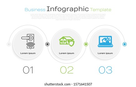 Set line Digital door lock with wireless technology for unlock, House under protection and Laptop with smart house and alarm. Business infographic template. Vector